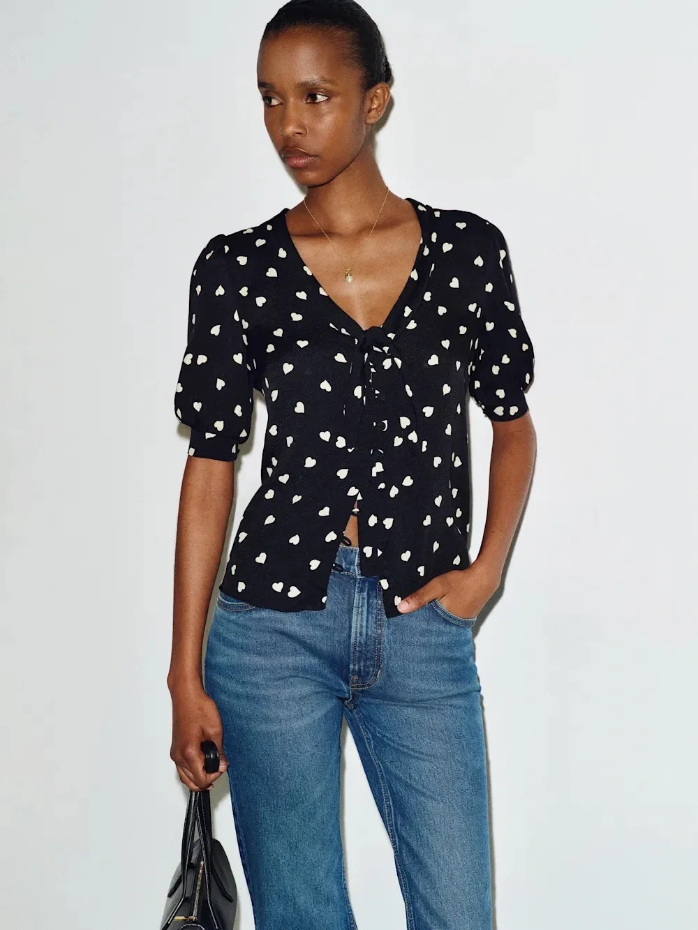 Reformation Joelle Top Black Heart-Print Tie-Neck Blouse